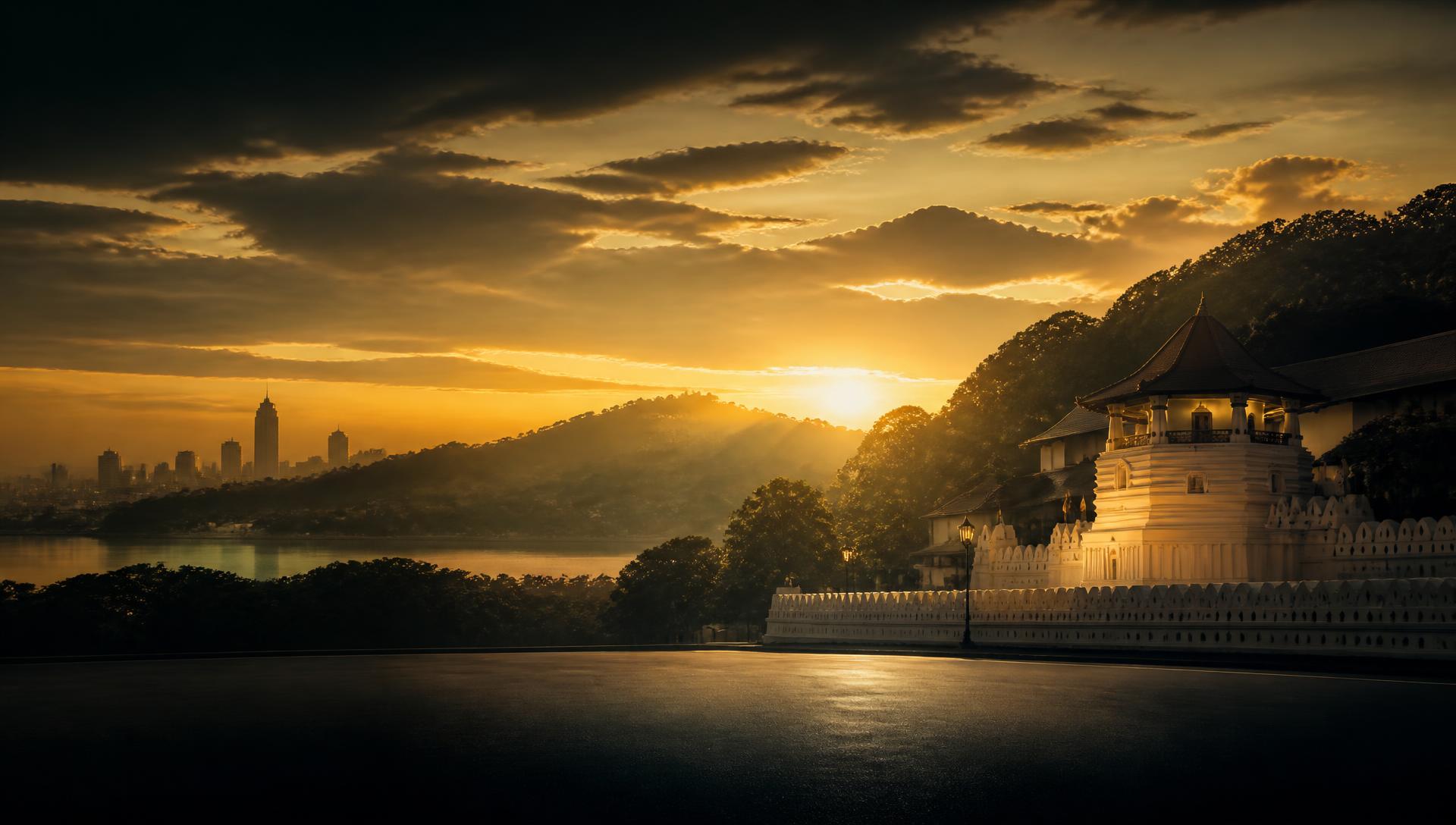 Sunrise over the Temple of the Sacred Tooth Relic in Kandy with the Colombo skyline beyond